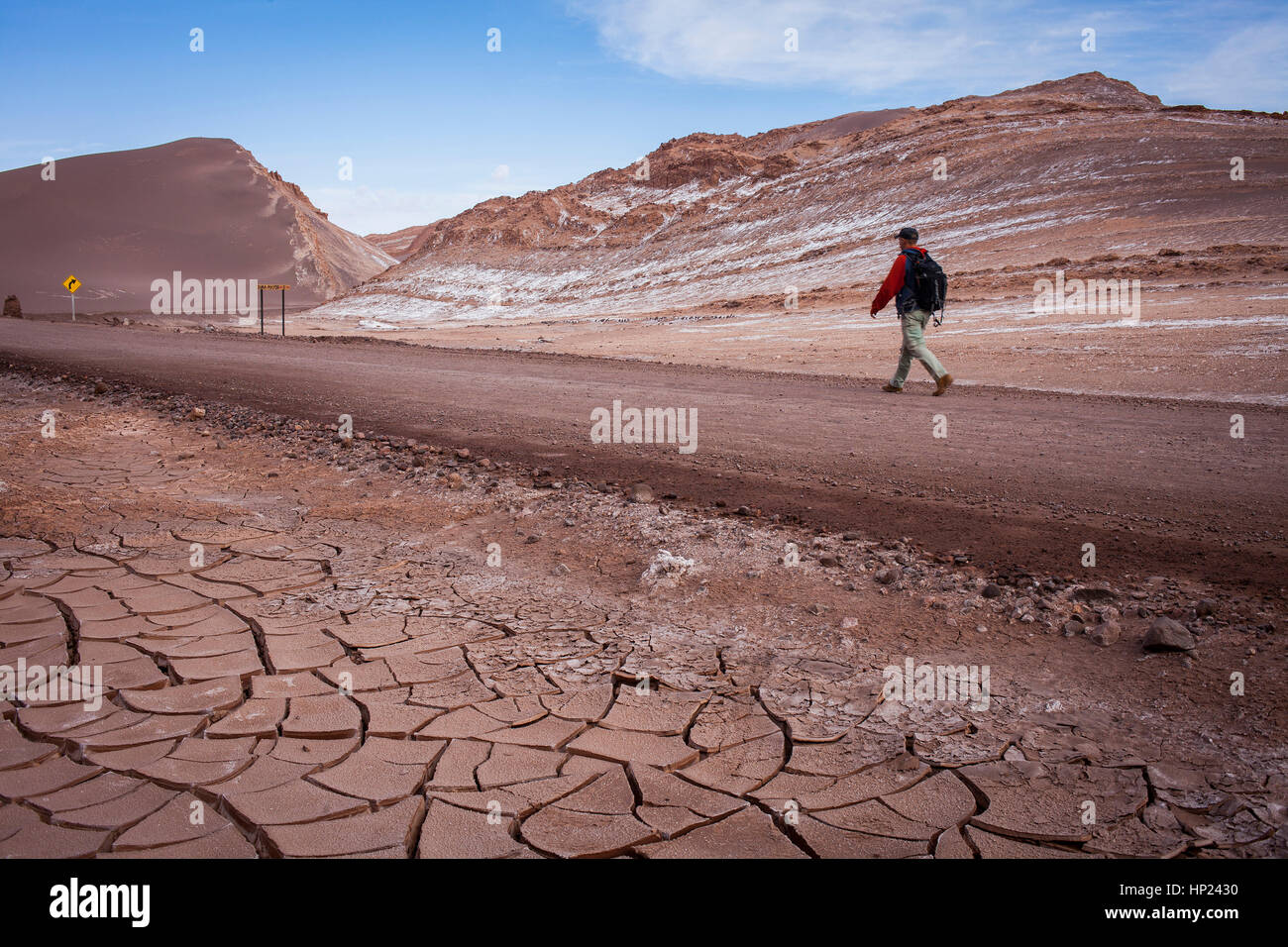 Mann zu Fuß, zu Fuß, Valle de la Luna (Tal des Mondes) bei San Pedro de Atacama, im Hintergrund links `Duna Mayor´, Atacama Wüste, Chile Stockfoto